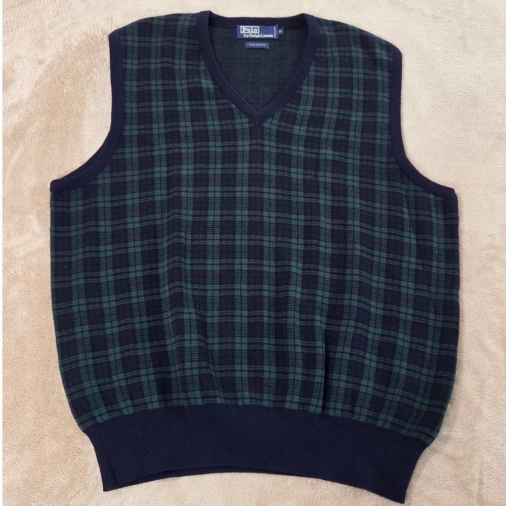 Polo Ralph Lauren vest mans XL plaid blue and green 100% cotton sleeveless EUC